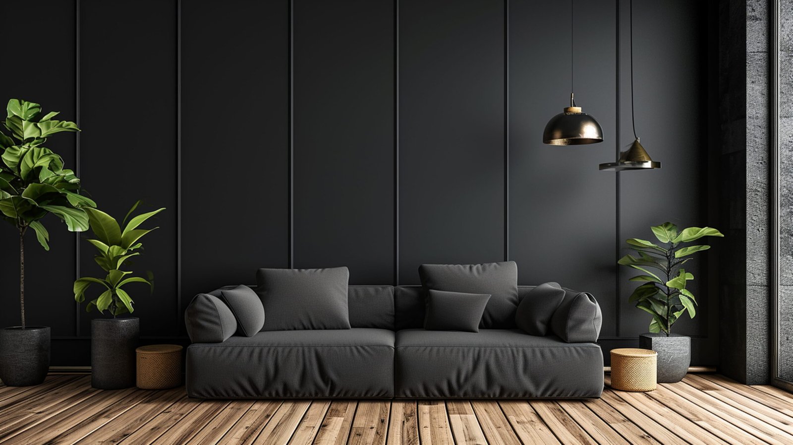 Modern dark living room interior with black sofa, black accent wall, wooden flooring, indoor plants, and pendant lighting